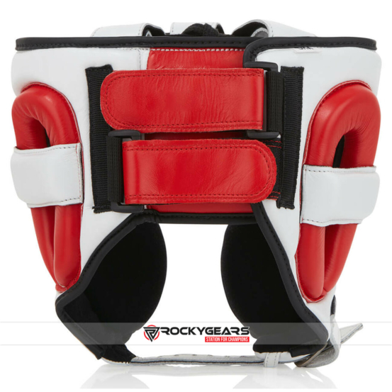 Red and white head guard